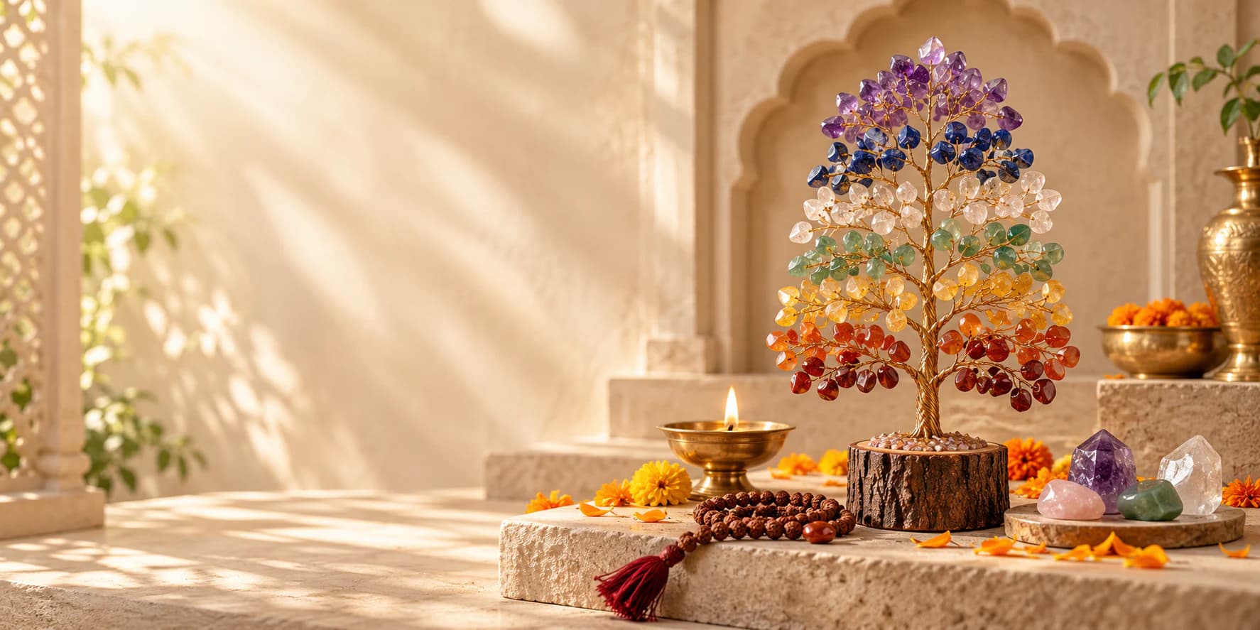 Seven chakra gemstone tree arranged with a diya, rudraksha mala and natural crystals